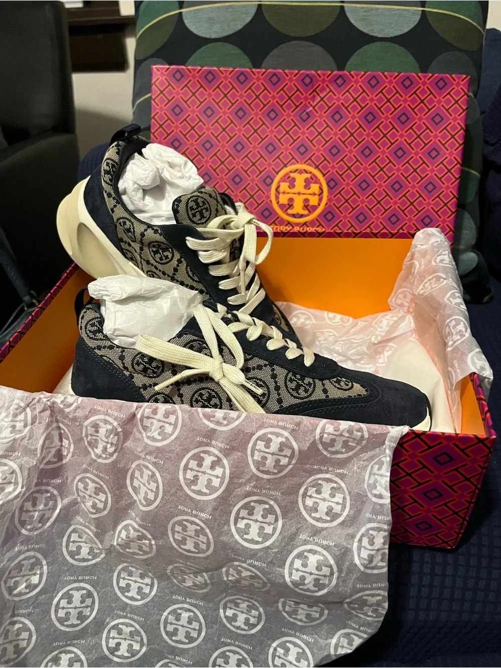 Tory Burch Navy and Cream Logo Platform Sneakers, New